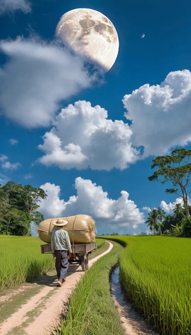 Old farmer carrying flatbed cargo, walking along winding path in Rural, Big Moon, Jupiter reflection, Big Cloud, Blue sky, paddy, Neat rice seedlings in the field, forest, hillside, secluded, Rural, High-resolution details, Ultra Detail, , Surrealism, Soft Light, Deep field focus bokeh, Ray Tracing, Surrealism.