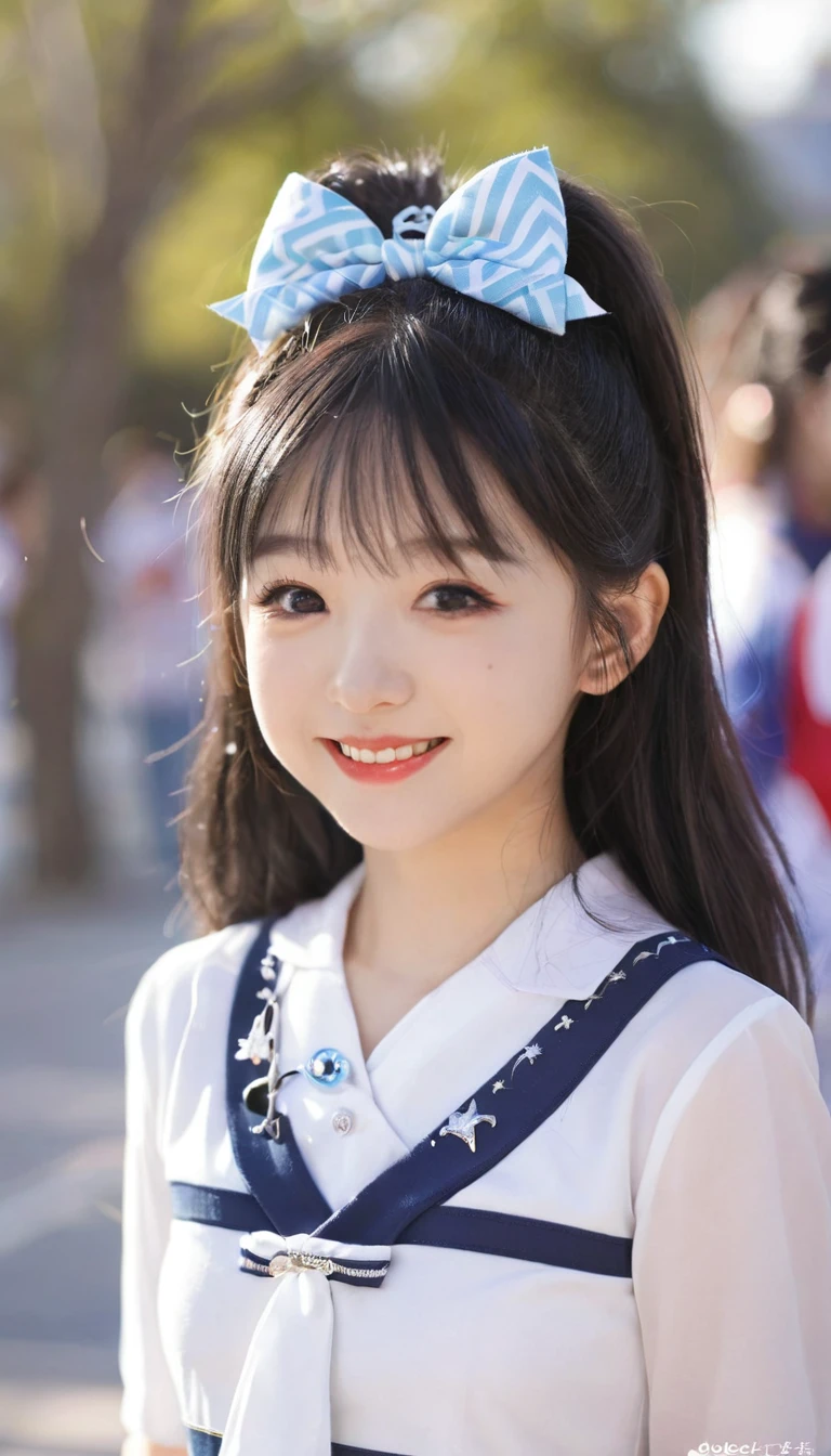 Cheerleading长,Little Smile,Cheerleading,Cheerleading长 uniform, (((masterpiece))), (((best quality))), ((Extremely detailed)), (illustration), ((Extremely delicate and beautiful)),(Bokeh,Blurred background),(The best shadow), 1 Girl,White, Black Hair, Long hair, Kawaii,Lovely,Change, Make the highlights on the eyes sparkle, character focus,Head tilt,
