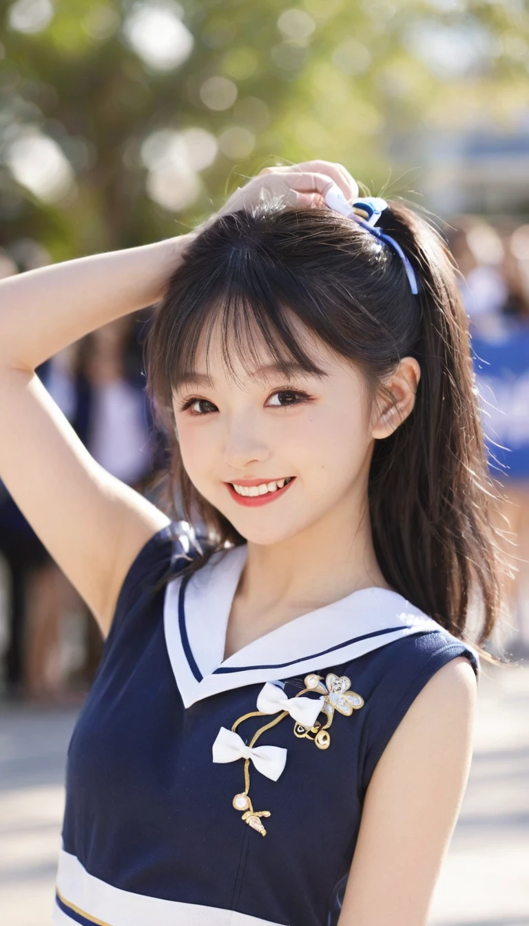 Cheerleading长,Little Smile,Cheerleading,Cheerleading长 uniform, (((masterpiece))), (((best quality))), ((Extremely detailed)), (illustration), ((Extremely delicate and beautiful)),(Bokeh,Blurred background),(The best shadow), 1 Girl,White, Black Hair, Long hair, Kawaii,Lovely,Change, Make the highlights on the eyes sparkle, character focus,Head tilt,