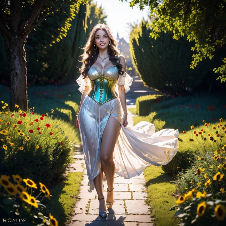 Hyper-realistic digital art, young woman with long, wavy pink hair on Yellow Brick Road, low angle view looking up. Reimagined Oz-style dress: shimmering blue corset bodice with intricate silver embroidery, very low-cut sweetheart neckline accentuating a generous bust, ultra-short layered skirt in diaphanous material, ruby-red sequined hem. Curve-hugging silhouette emphasizing hourglass figure, sheer gauzy sleeves. Dress sparkles and flows with movement.

Giant red poppies with stems thick as tree trunks tower overhead, interspersed with large yellow sunflowers. Winding Yellow Brick Road curves above, individual bricks visible, leading to a glittering Emerald City on the horizon. Golden magical lighting casts intricate shadows, highlighting the woman's radiant presence.

Woman's pose is confident and alluring, one hand on hip, the other reaching towards viewer. Coy smile, bright eyes with long lashes. Delicate silver necklace with emerald pendant.

Foreground shows detailed yellow brick pattern. Background blends fantasy elements with realistic textures. Swirling glitter and magic sparkles in the air.

8k resolution, vivid saturated colors, highly detailed. Photorealistic rendering with fantasy elements. Style blend of Artgerm, Ross Tran, and Wizard of Oz movie.