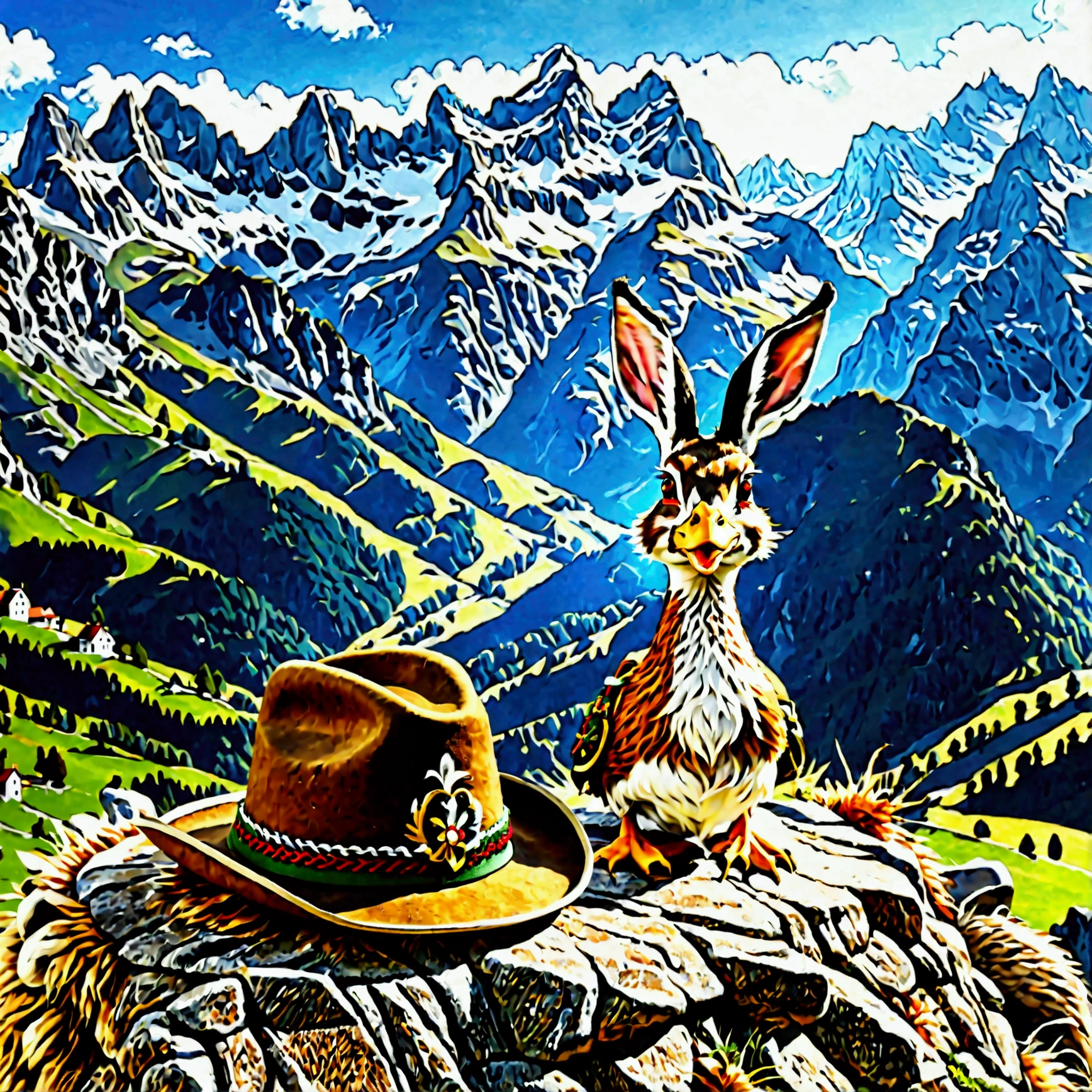 A detailed, hyperrealistic 4K of a Bavarian Wilpertinger from a duck, A rabbit, and a deer, with Tyrolean hat, with sharp edges, in a mountain landscape in the background