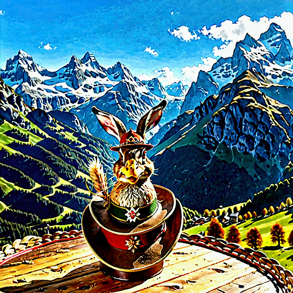 A detailed, hyperrealistic 4K of a Bavarian Wilpertinger from a duck, A rabbit, and a deer, with Tyrolean hat, with sharp edges, in a mountain landscape in the background