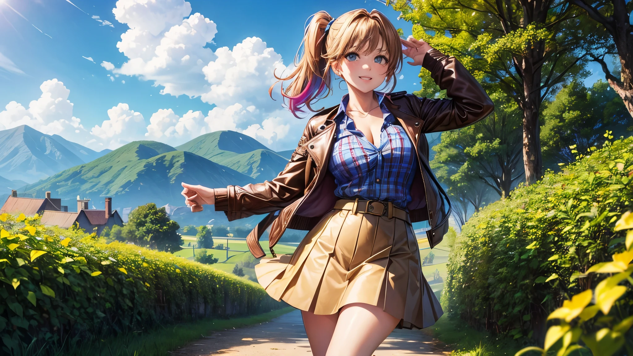 1girl, solo, full body, village, trees, sun, clouds, ((colorful hair)), side ponytail, large breasts, ((brown leather jacket)), button down shirt, ((blue checked shirt)), ((unbuttoned shirt)), unbuttoning buttons, cleavage 1:3 green eyes, long skirt, brown boots, smile, happy, looking at the viewer, standing, hair ribbon, golden necklate