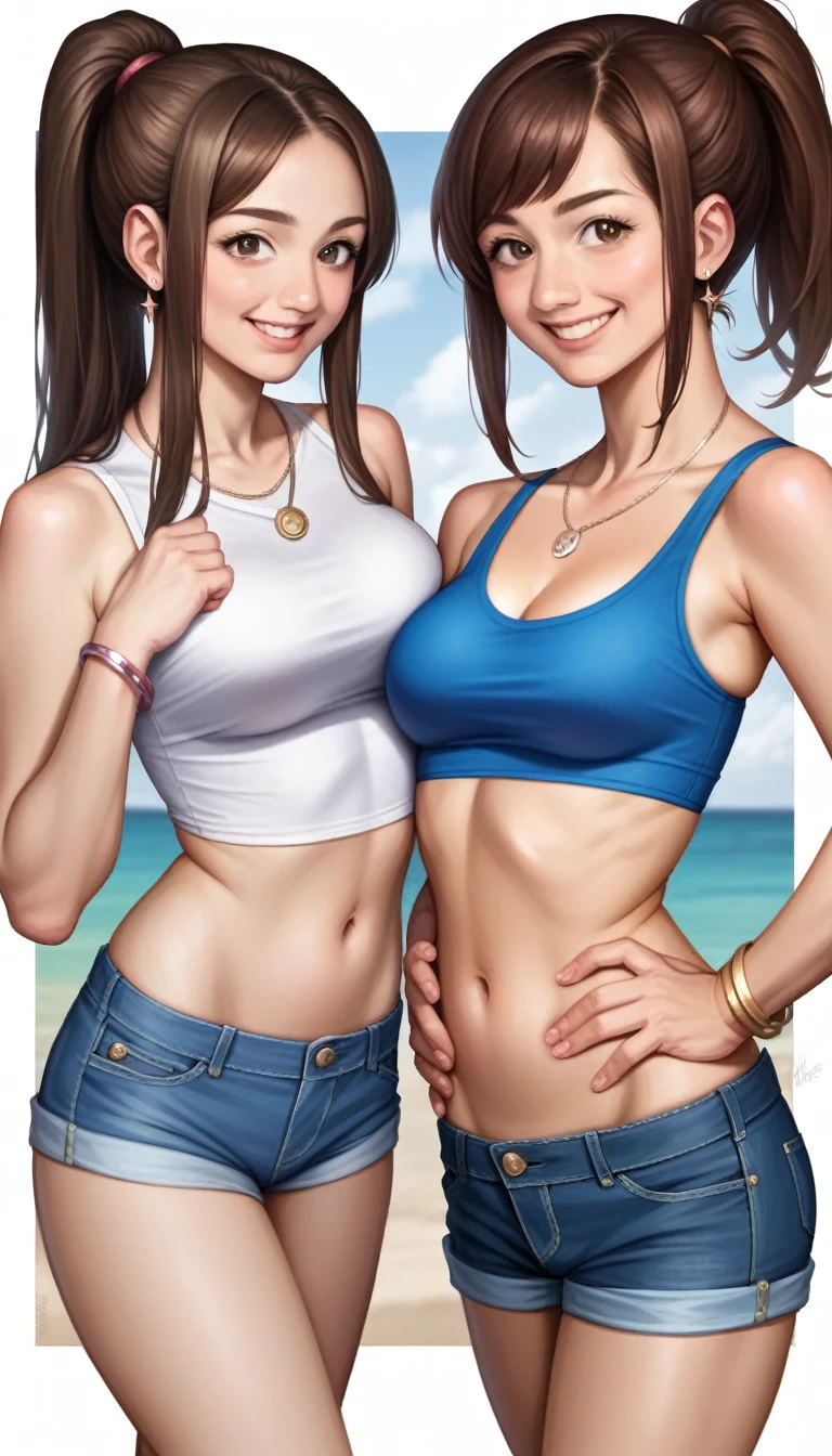 (Masterpiece, BestQuality:1.3), (ultra detailed:1.2), (hyperrealistic:1.3), (RAW photo:1.2),High detail RAW color photo, professional photograph, (Photorealistic:1.4), (realistic:1.4), ,professional lighting, (japanese), beautiful face, (realistic face), cute woman, (Big Tits:1.5), (cheerful Smile:1.35), Trending Hair&Trending Hairカラーをランダムに, earrings, necklace, bracelet, sexly, erotic sexly, Random sexy gravure poses, (A woman wearing a blue crop top and denim shorts、She is posing sexy on the beach and smiling happily for the camera.。Brown hair ponytail swinging。:1.3)