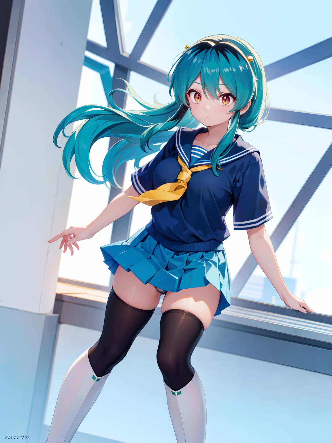 (1 Girl),(high quality), (High resolution), (Very detailed), (8K),(Demolition paperback correct)、Urusei Yatsura、Ram-chan、((White and navy blue sailor suit))、Navy blue pleated skirt、Cute Panties、((Focus on the whole body))、Nipple Shape、((Black knee-high stockings))、Hair messed up by the strong wind、Neutral White Lighting,Sexy pose、