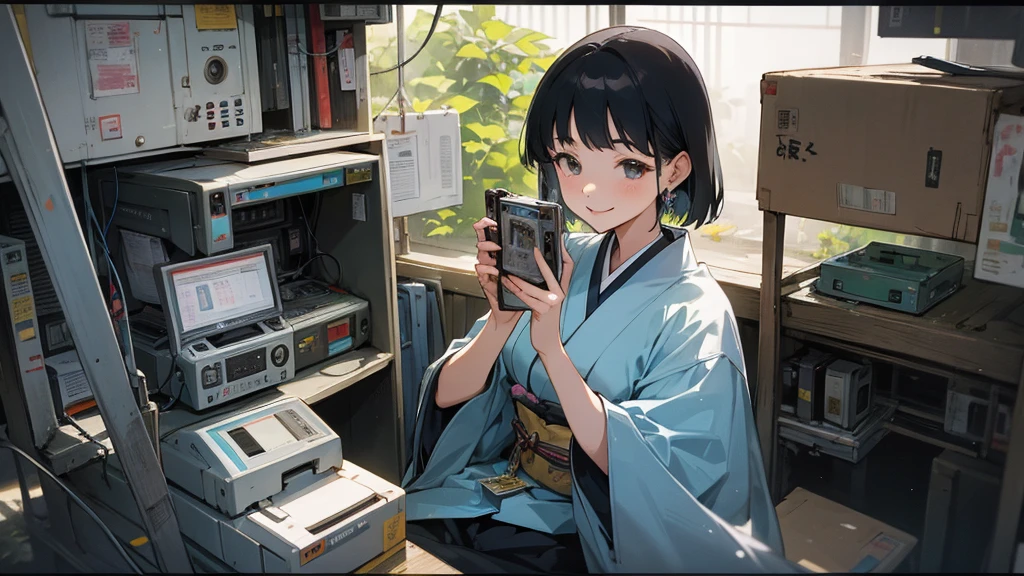 Very beautiful 18 year old Japanese woman, holding old cassette tape, cassette tape facing front, woman looks very happy.