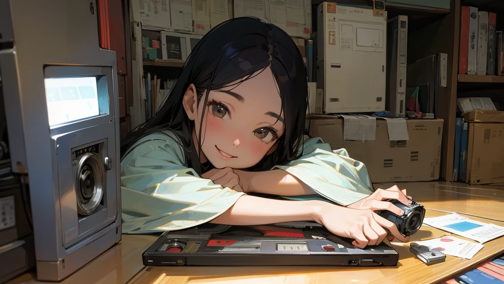 Very beautiful 18 year old Japanese woman, holding old cassette tape, cassette tape facing front, woman looks very happy.