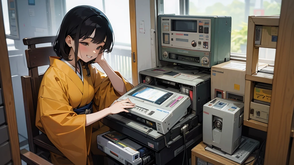 Very beautiful 18 year old Japanese woman, holding old cassette tape, cassette tape facing front, woman looks very happy.