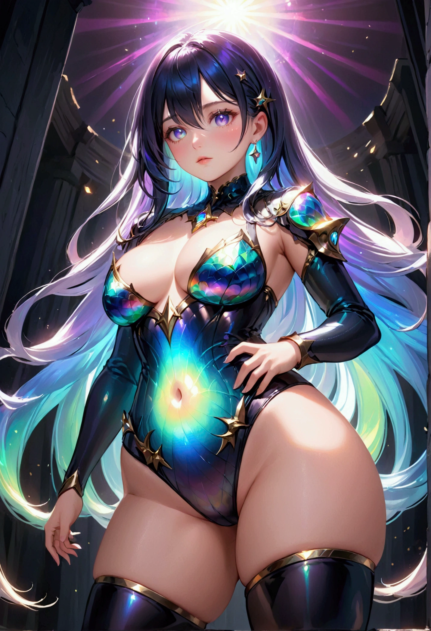 Adult Girl with large thighs small waist and , detailed long black iridescent hair, detailed iridescent eyes, 8k