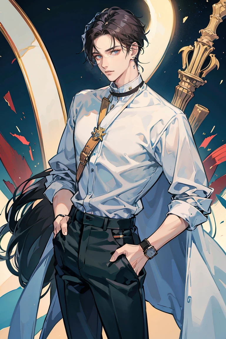 anime - (masterpiece), best quality, seductive eyes, perfect face, handsome man, brown eyes, long slicked back black hair, long nose, tan brown skin, light blue sweater, black fitted pants, silver watch, bandages on face, extremely tall man, long legs, long calves, full body, tall man, long legs, anime cover, 1boy, ear piercings, hands in pockets, adult-like look, bad boy 
