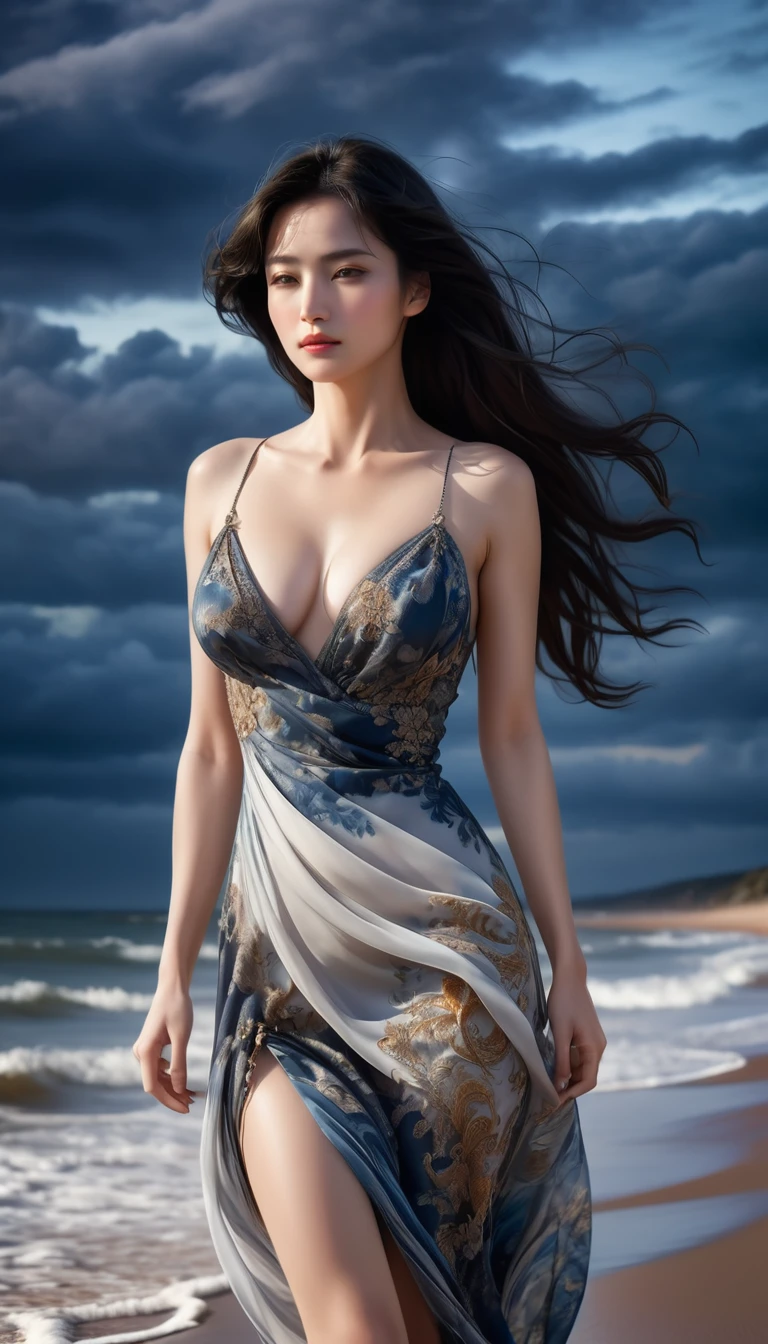 ((Masterpieces with up to 16K resolution:1.6)),Highest quality,it is really amazing,Very detailed,Ultra-high resolution,((Real:1.5)),((Realistic:1.5)),Increased depth of field,((Cinematic Light Effects:1.5)),
Elegant mature woman,Walking on the beach,
Long black hair,((Ultra-detailed and beautiful faces:1.5)),Translucent white skin,Very detailedな肌の質感,Great proportions,Anatomically correct body,
elegant beach dress,Artistic design,Beautiful and detailed pattern,Luxurious jewellery decoration,Detailed fabric texture,
Coastal landscape at dusk,Dark clouds and dark sky,delay々Continuing sandy beach, Deserted Beach,Dark sea surface,
((Face close-up:1.6)),