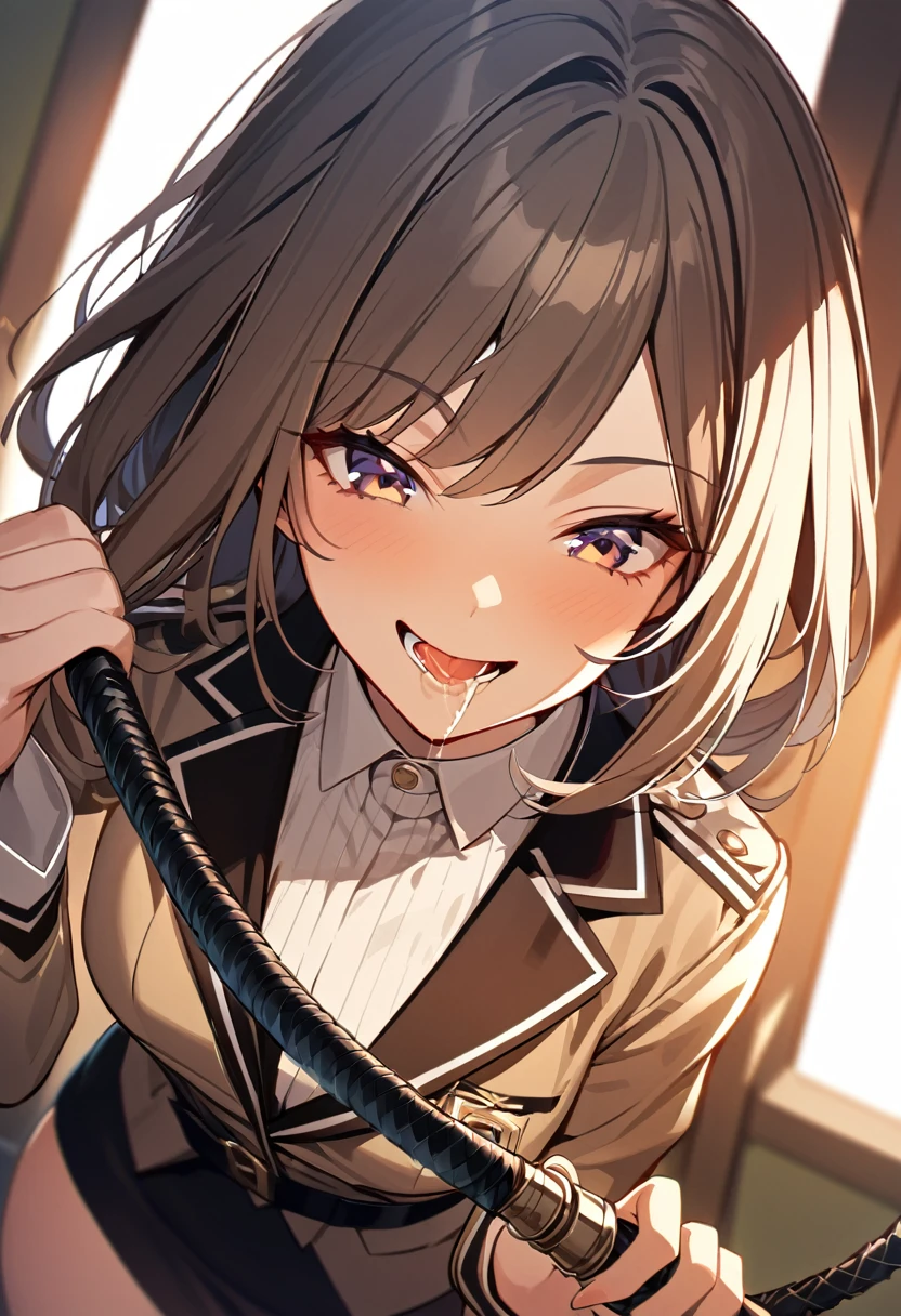 Highest quality, One Girl, Neat,uniform,Leather whip,Holding a whip,smile,saliva,Looking down at the camera,Sadistically