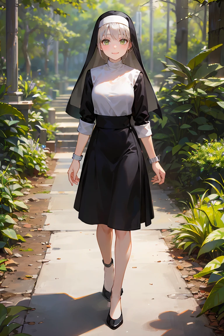 masterpiece, best quality, highly detailed background, perfect lighting, best quality, (extremely detailed face), volumetric lighting, intricate details, shadow, tonemapping, sharp focus, hyper detailed, trending on Artstation, (solo), ((Looking at the viewer)), (White hair), ((thin)), ((green eyes)), ((nun)), ((dressed as a nun)), ((nun's long skirt)), ((delicate)), ((thin and fine figure)), ((elegant)), ((smile)), (blush) ((in the forest)) ((Backwards))