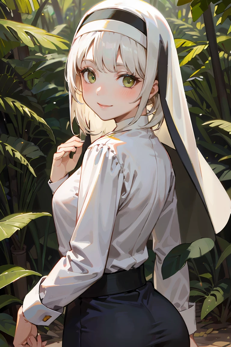 masterpiece, best quality, highly detailed background, perfect lighting, best quality, (extremely detailed face), volumetric lighting, intricate details, shadow, tonemapping, sharp focus, hyper detailed, trending on Artstation, (solo), ((Looking at the viewer)), (White hair), ((thin)), ((green eyes)), ((nun)), ((dressed as a nun)), ((nun's long skirt)), ((delicate)), ((thin and fine figure)), ((elegant)), ((smile)), (blush) ((in the forest)) ((Backwards))