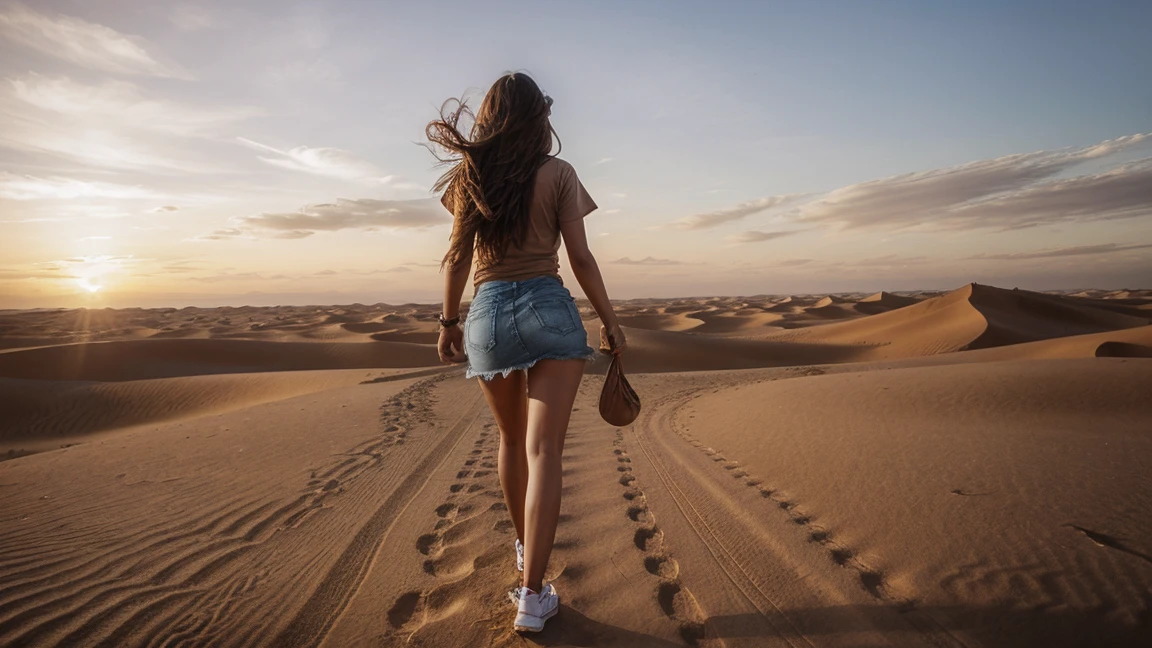 Alba Chiara, an Poland two teenager goes to school, walks through on the desert with a sweet and sweet expression, nice, detailed details of the face, wears casual clothing. Romantic girl. In ass, bikini, facing away thigh gap