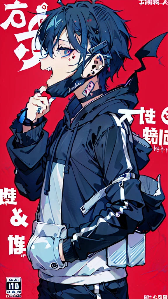 (1boy), (Wearing a blue shark tail hoodie), (Boy Messy Japanese Round Haircut for Thick Hair), (blue nails), (blue hair), black shorts, ((solo)), (magazine:1.3), (cover-style:1.3), simple background, watch, mouth mask, wristwatch, stud earrings, vampire, halftone, mask pull, jirai kei, fangs, score_9, score_8_up, score_7_up, best quality, masterpiece, 4k, perfect lighting, very aesthetic, GOTH GIRL, (red pupils with X shape:1), x-shaped pupils, Ultra-detail,(highres:1.1),best quality,(masterpiece:1.2), cinematic lighting, (detailed face and eyes:1.2),