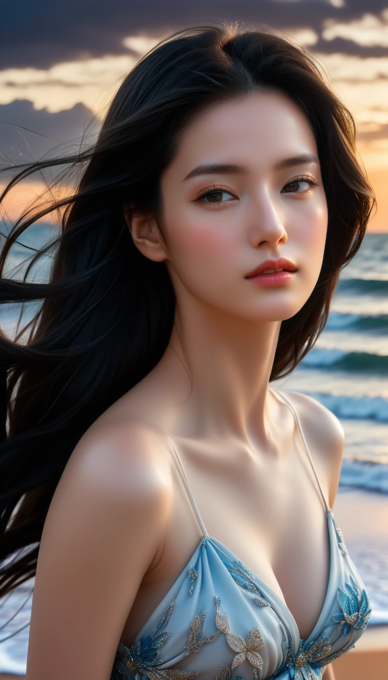 ((Masterpieces with up to 16K resolution:1.6)),Highest quality,it is really amazing,Very detailed,Ultra-high resolution,((Real:1.5)),((Realistic:1.5)),Increased depth of field,((Cinematic Light Effects:1.5)),
Elegant mature woman,Walking on the beach,
Long black hair,((Ultra-detailed and beautiful faces:1.5)),Translucent white skin,Very detailedな肌の質感,Great proportions,Anatomically correct body,
elegant beach dress,Artistic design,Beautiful and detailed pattern,Luxurious jewellery decoration,Detailed fabric texture,
Coastal landscape at dusk,Dark clouds and dark sky,delay々Continuing sandy beach, Deserted Beach,Dark sea surface,
((Face close-up:1.6)),