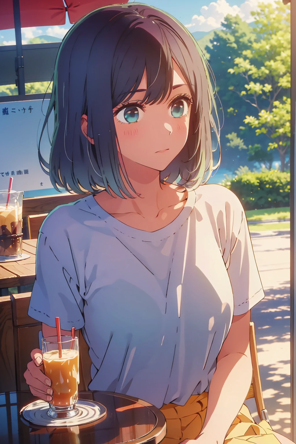 (Highest quality:1.4、masterpiece:1.4、Super detailed:1.4、8K:1.4)、((((1 person、Surprised expression、sit、Cafe Terrace、coastal、juice、table、Sandy Beach、juiceのグラスを持つ、Very soft boobs、T-Shirts、Long Hair、Big eyes、Very cute face))))、F cup bust、Medium breast