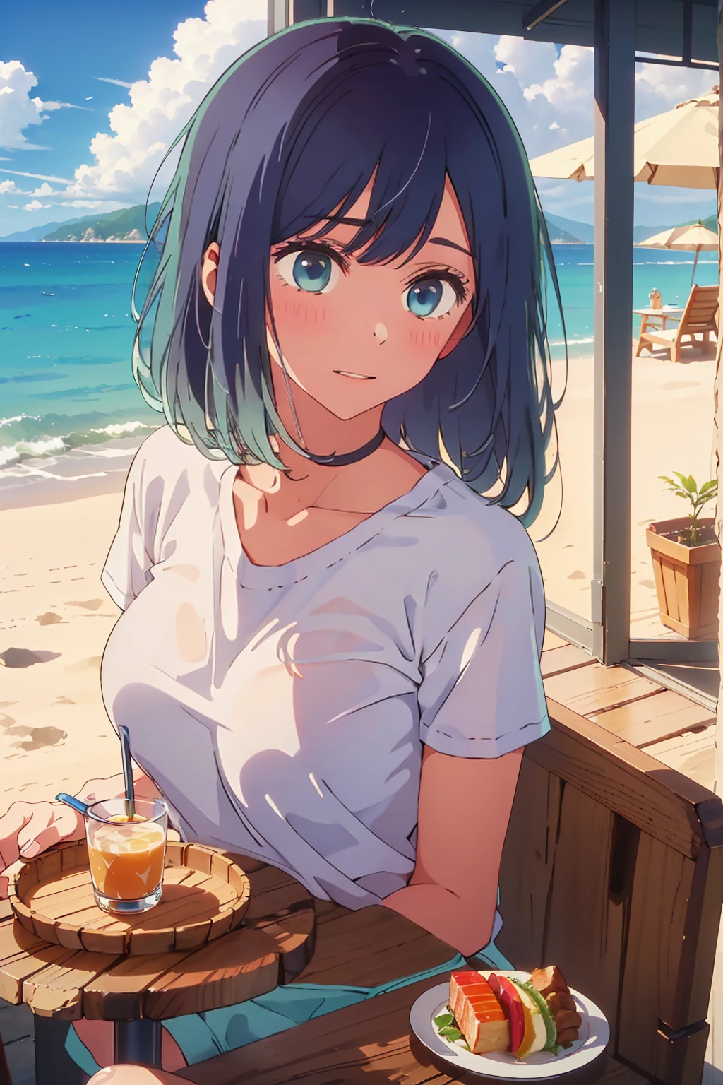 (Highest quality:1.4、masterpiece:1.4、Super detailed:1.4、8K:1.4)、((((1 person、Surprised expression、sit、Cafe Terrace、coastal、juice、table、Sandy Beach、juiceのグラスを持つ、Very soft boobs、T-Shirts、Long Hair、Big eyes、Very cute face))))、F cup bust、Medium breast