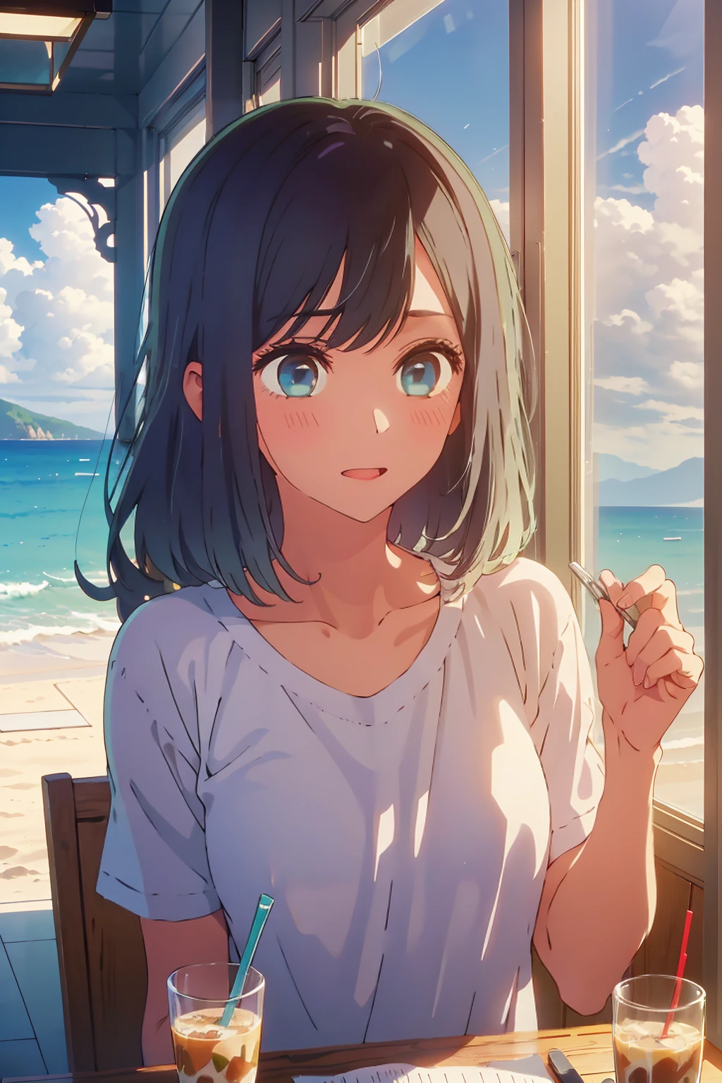 (Highest quality:1.4、masterpiece:1.4、Super detailed:1.4、8K:1.4)、((((1 person、Surprised expression、sit、Cafe Terrace、coastal、juice、table、Sandy Beach、juiceのグラスを持つ、Very soft boobs、T-Shirts、Long Hair、Big eyes、Very cute face))))、F cup bust、Medium breast