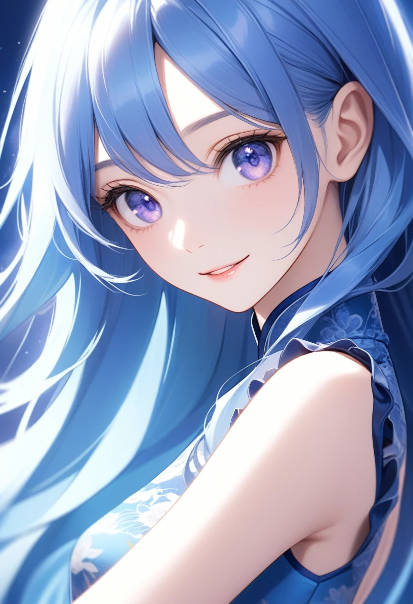 One adult woman, Tanzanite Eyes, Blue Hair, Very long hair, Captivating smile, Part your lips, cute, Smooth Skin, (Frills:1.1), China dress, (Hunchback:1.3), Silver light, Sharp focus, Looking at the observer, close, Upper Body, (Complex: 1.1), (Light Blue Theme: 1.1), (Light Blue Tone: 1.1), (Bright white: 0.9),  figure, Slightly slanted eyes, Sexy pose,