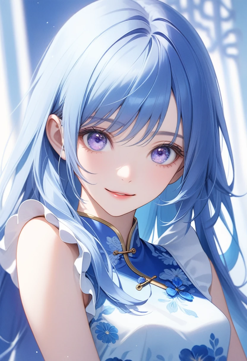 One adult woman, Tanzanite Eyes, Blue Hair, Very long hair, Captivating smile, Part your lips, cute, Smooth Skin, (Frills:1.1), China dress, (Hunchback:1.3), Silver light, Sharp focus, Looking at the observer, close, Upper Body, (Complex: 1.1), (Light Blue Theme: 1.1), (Light Blue Tone: 1.1), (Bright white: 0.9),  figure, Slightly slanted eyes, Sexy pose,