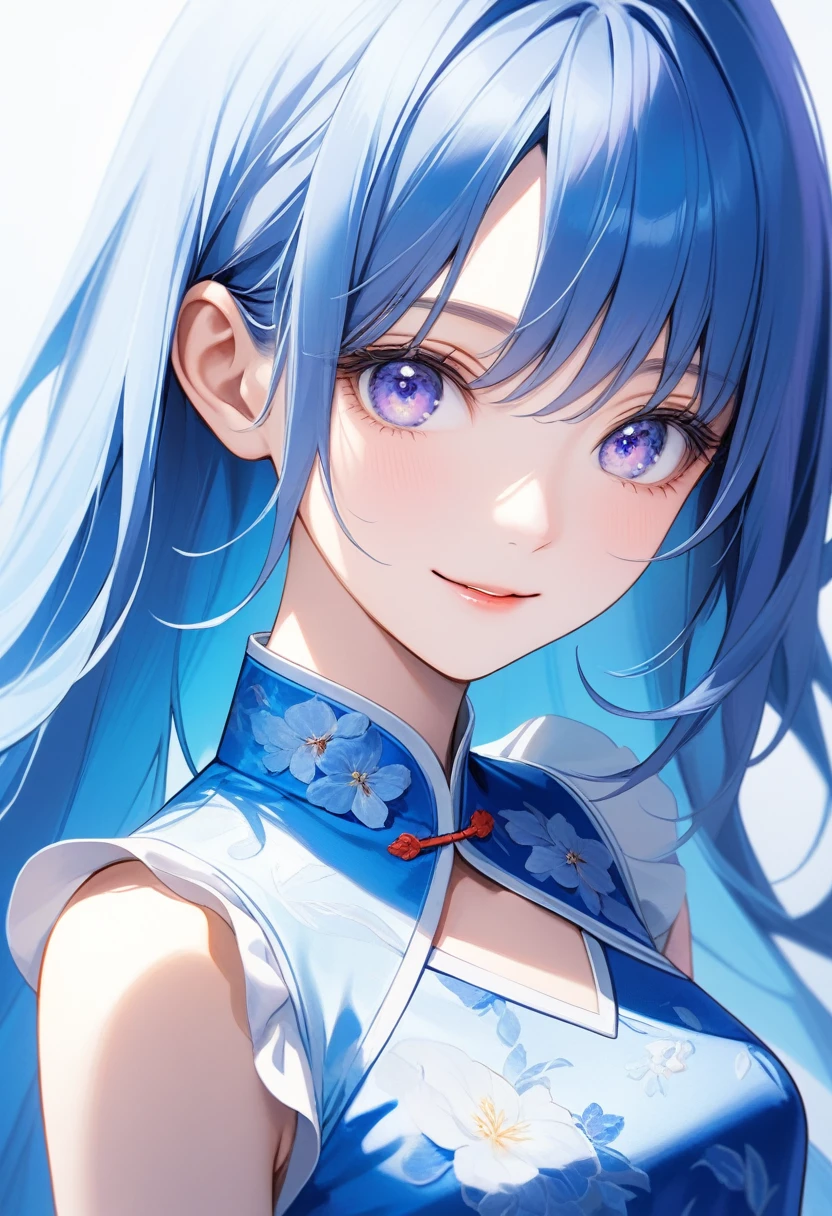 One adult woman, Tanzanite Eyes, Blue Hair, Very long hair, Captivating smile, Part your lips, cute, Smooth Skin, (Frills:1.1), China dress, (Hunchback:1.3), Silver light, Sharp focus, Looking at the observer, close, Upper Body, (Complex: 1.1), (Light Blue Theme: 1.1), (Light Blue Tone: 1.1), (Bright white: 0.9), figure, Slightly slanted eyes, Sexy pose,