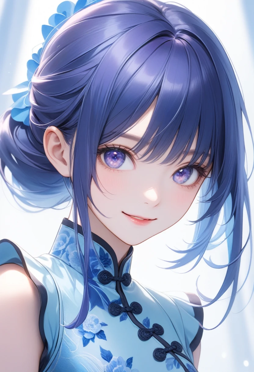 One adult woman, Tanzanite Eyes, Blue Hair, Very long hair, Captivating smile, Part your lips, cute, Smooth Skin, (Frills:1.1), China dress, (Hunchback:1.3), Silver light, Sharp focus, Looking at the observer, close, Upper Body, (Complex: 1.1), (Light Blue Theme: 1.1), (Light Blue Tone: 1.1), (Bright white: 0.9), figure, Slightly slanted eyes, Sexy pose,