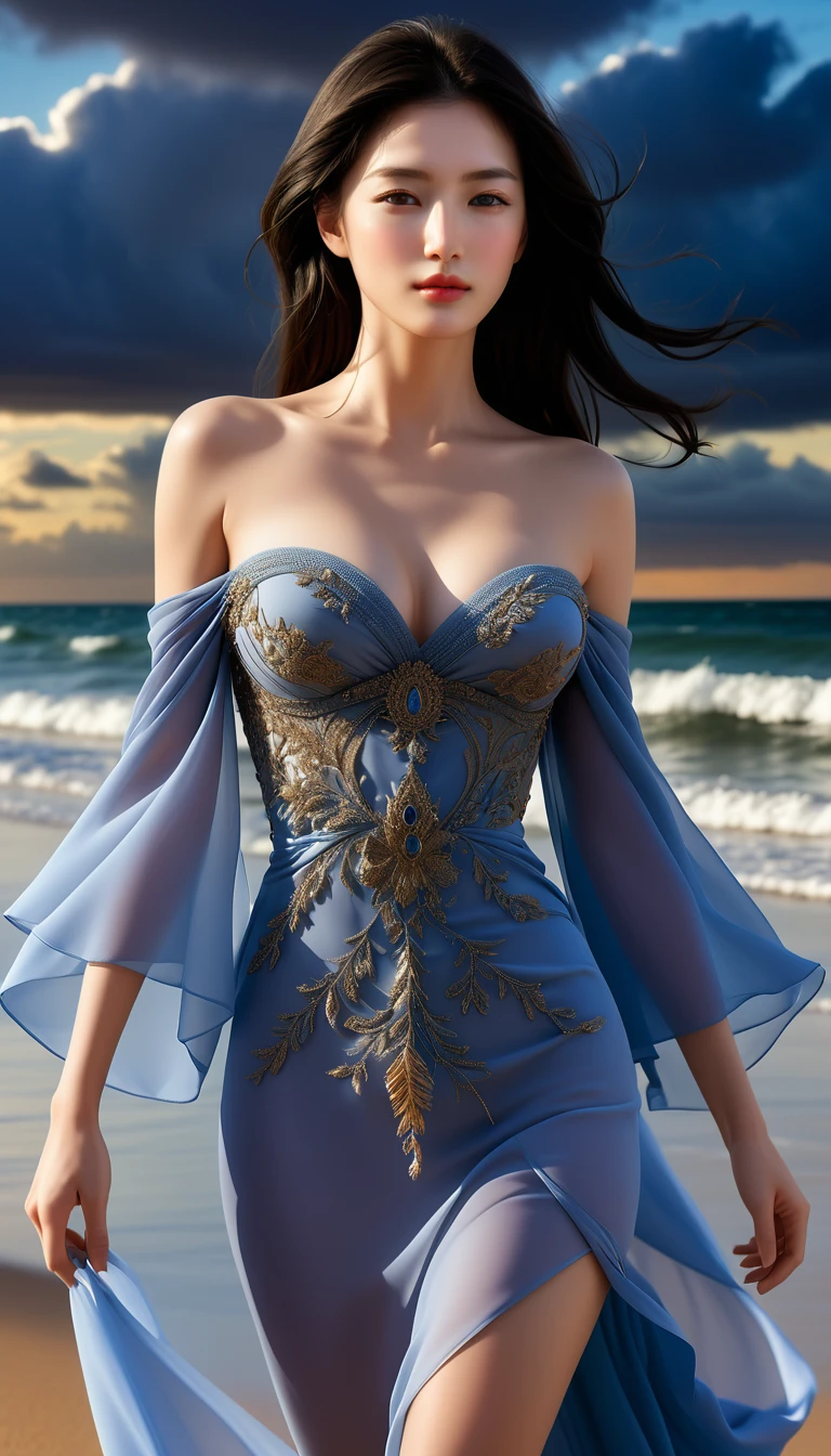 ((Masterpieces with up to 16K resolution:1.6)),Highest quality,it is really amazing,Very detailed,Ultra-high resolution,((Real:1.5)),((Realistic:1.5)),Increased depth of field,((Cinematic Light Effects:1.5)),
Elegant mature woman,Walking on the beach,
Long black hair,((Ultra-detailed and beautiful faces:1.5)),Translucent white skin,Very detailedな肌の質感,Great proportions,Anatomically correct body,
elegant beach dress,Artistic design,Beautiful and detailed pattern,Luxurious jewellery decoration,Detailed fabric texture,
Coastal landscape at dusk,Dark clouds and dark sky,delay々Continuing sandy beach, Deserted Beach,Dark sea surface,
((Face close-up:1.6)),