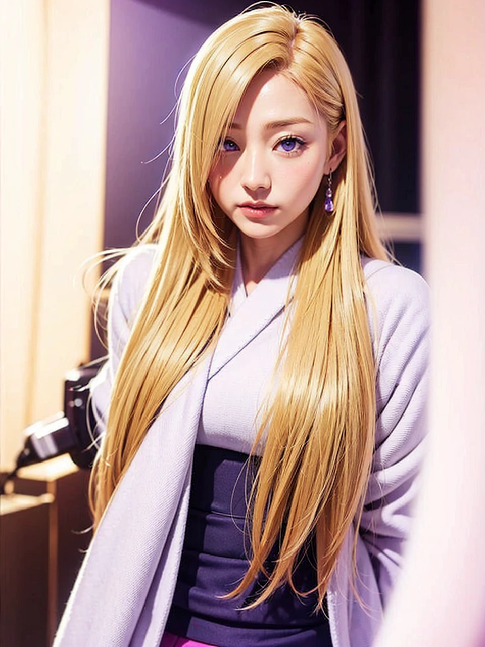 Blonde longhair, purple eyes, japan girl.