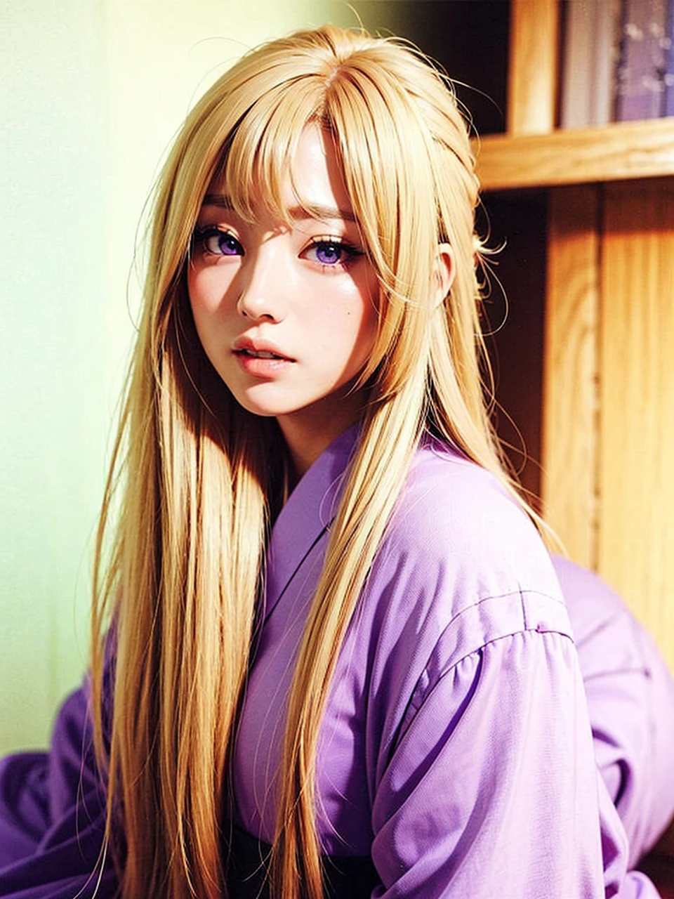 Blonde longhair, purple eyes, japan girl.