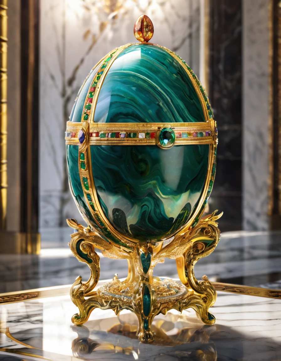 Full shot of an eliptical object (Faberge Egg, mix of Memory of Azov and Rosebud) with a highly detailed and intricate surface. The object is made of materials that resemble jewelry, marble or a similar type of stone and gemstone, with a variety of vibrant colors and patterns that include shades of yellow, green, orange and red, decorated in gold. The patterns are reminiscent of natural gemstones and marble, with swirling and striated patterns that give the object a luxurious and opulent look.The object is placed on a pedestal that has a decorative base, a rare piece of art. The pedestal made in ebony wood has a rich, dark color pattern. Soft and diffused lighting, highlighting the textures and colors of the object without creating harsh shadows. Luxurious living rooms in the background, sharp focus.Overall, the image presents a beautifully crafted piece that combines the natural beauty of jewelry and marble with the elegance of a luxury decorative object. Hyper-maximalist, raw photography, ultra-detailed photorealistic textures, artistic bokeh, featured on pixiv, cinematic composition, dynamic pose, beautiful lighting, sharp, details, hyper-detailed, Sony/Zeiss 90mm,f2.8,shutter speed of 1/500s,WLOP,HDR,8k,vray