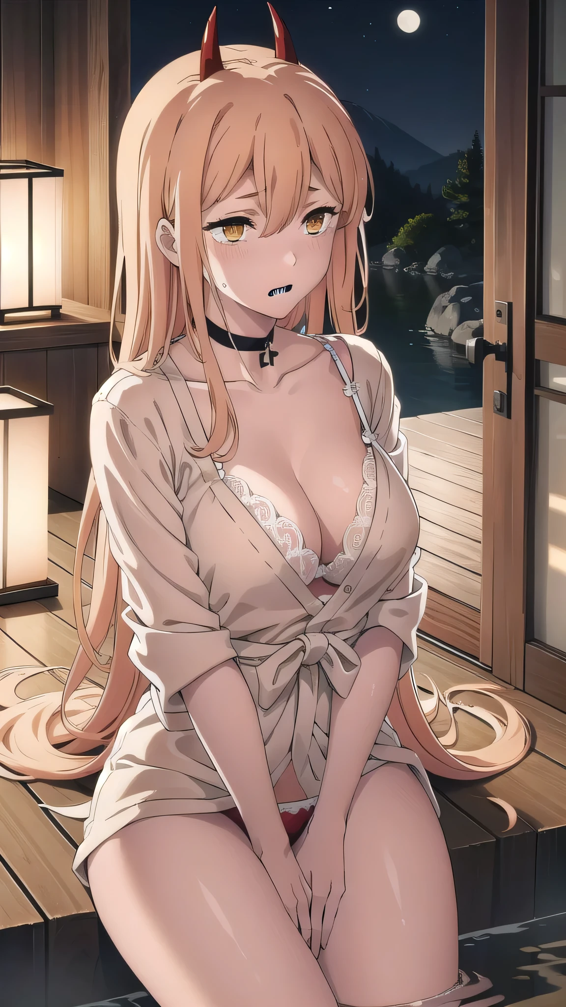 BREAK (masterpiece:1.2), best quality, high resolution, unity 8k wallpaper, (illustration:0.8), (beautiful detailed eyes:1.6), extremely detailed face, perfect lighting, extremely detailed CG, (perfect hands, perfect anatomy),onsen,hot springs,night,outdoor,moon,starfall,power_csm
blonde hair, yellow eyes, cross-shaped pupils, symbol-shaped pupils, red horns, sharp teeth,japanese dress,yukata,bathrobe,kimano,cleavege,neckline,choker,lace bra,nipples,sitting, spread legs, showing panties, camel toe,wet panties, lace panties.