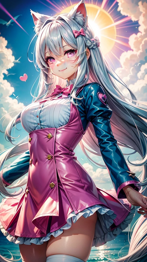 Silver hair, pink eyes, woman, sun and cloud background, teal and pink clothes, hair bows, sexy uniform outfit, sexy, cat ears, hearts, floating hearts, long thick hair, smiling face, face only