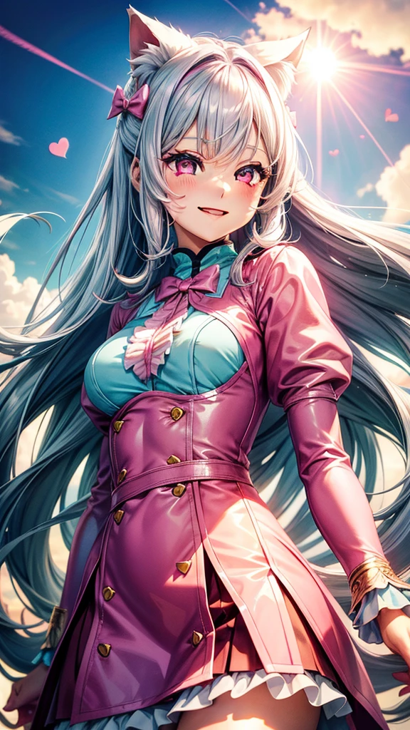 Silver hair, pink eyes, woman, sun and cloud background, teal and pink clothes, hair bows, sexy uniform outfit, sexy, cat ears, hearts, floating hearts, long thick hair, smiling face, face only
