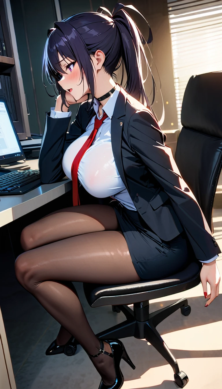 akeno,fullbody, perfect body, detailed face, detailed eyes,sexy,high res,high quality, masterpiece, office uniform,sitting on office chair, office,very sexy,large breasts,black shining heels,open mouth, embarrassed ,blush,top quality,(best quality,4k,8k,highres,masterpiece:1.2),ultra-detailed,portrait, erotic, sensual, voluptuous, glowing skin, detailed facial features, alluring gaze, cinematic lighting, rich colors, dramatic shadows,red nails,look from high, side view,sexy,look from side,black skirt,black pantyhose,white shirt,black jacket,red tie, choker , looking from high, elegant, elegantly sitting,sfw,sits by the office table,look from top,photo at an angle,look from side, detailed heels, working, looking at her table,working on computer, looking at computer ,porno on computer