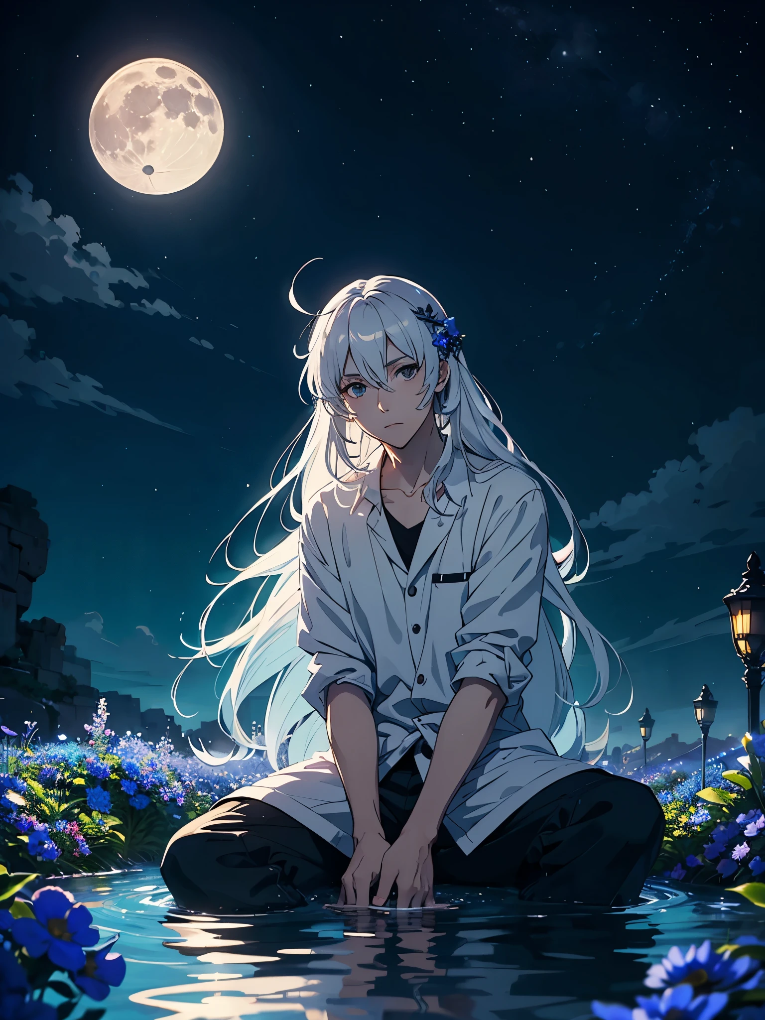 Lights. More anime. light blue light. Bright bright light. magical. Moon. Sitting on a big white wolf. Lightening flowers. More anime. male. Blue flowers. Long hair. long white hair. aquatic, boy, God of the Moon, silver hair accessories, White hair. 