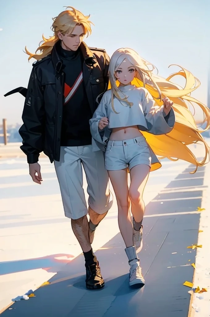 A man with long white hair, wearing a white t-shirt and black pants and a woman with long blond hair, beautiful breasts, wearing just shorts and a white crop top. They are supporting each other. The environment around them is covered in snow. It's night. anime styling ((anime styling) ((anime stylling)