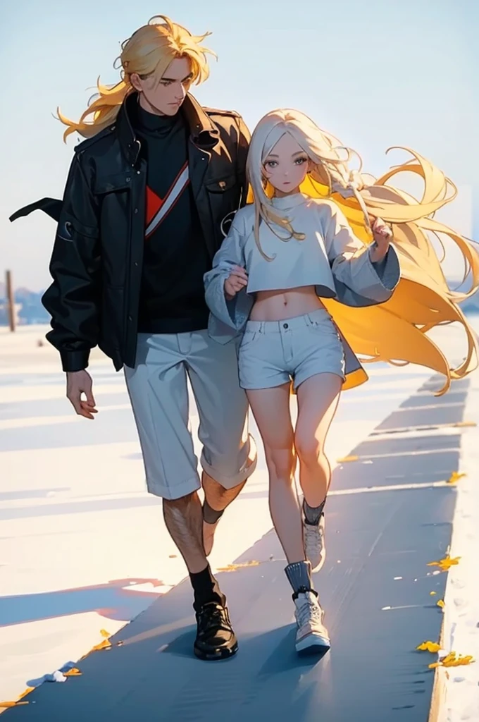 A man with long white hair, wearing a white t-shirt and black pants and a woman with long blond hair, beautiful breasts, wearing just shorts and a white crop top. They are supporting each other. The environment around them is covered in snow. It&#39;s night. anime styling ((anime styling) ((anime stylling)