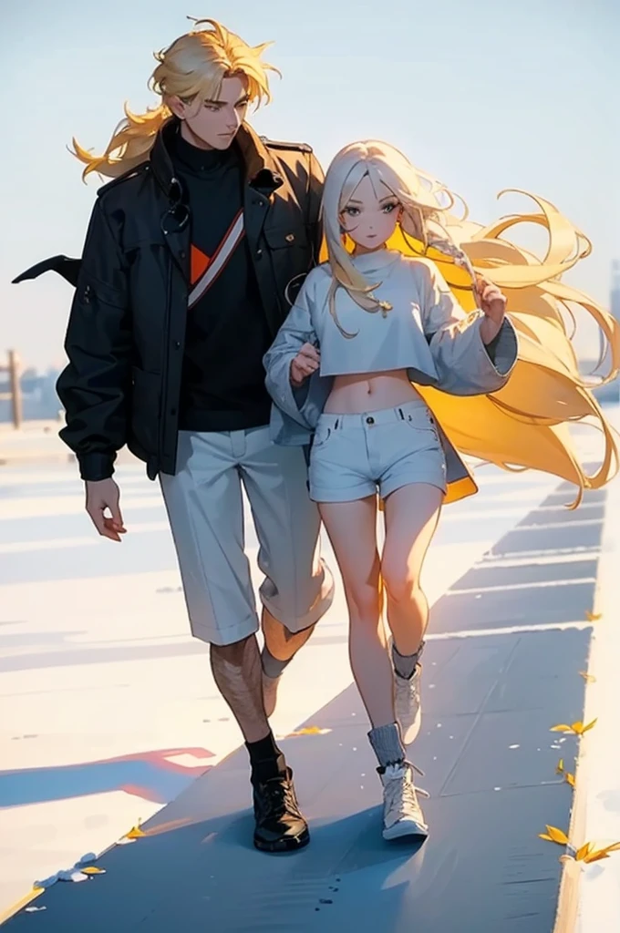A man with long white hair, wearing a white t-shirt and black pants and a woman with long blond hair, beautiful breasts, wearing just shorts and a white crop top. They are supporting each other. The environment around them is covered in snow. It&#39;s night. anime styling ((anime styling) ((anime stylling)