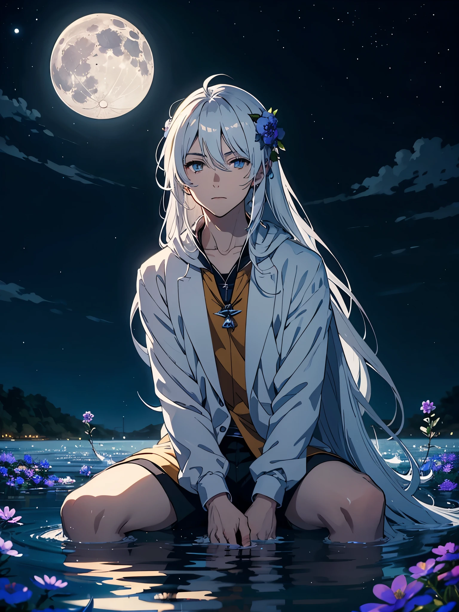 Lights. More anime. light blue light. Bright bright light. magical. Moon. Sitting on a big white wolf. Lightening flowers. More anime. male. Blue flowers. Long hair. long white hair. aquatic, boy, God of the Moon, silver hair accessories, White hair.