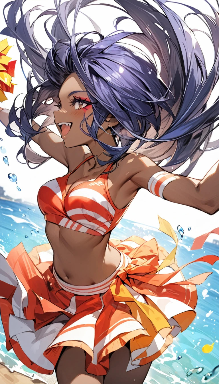 ((Cheerleader、Highest quality、Masterpiece、High resolution))、(((Zoom photo from above、semen、Bukkake、Wet body、Wet Hair)))、(smile、blush)、Big Breasts、Cleavage、Inside the gym、Blue Hair
