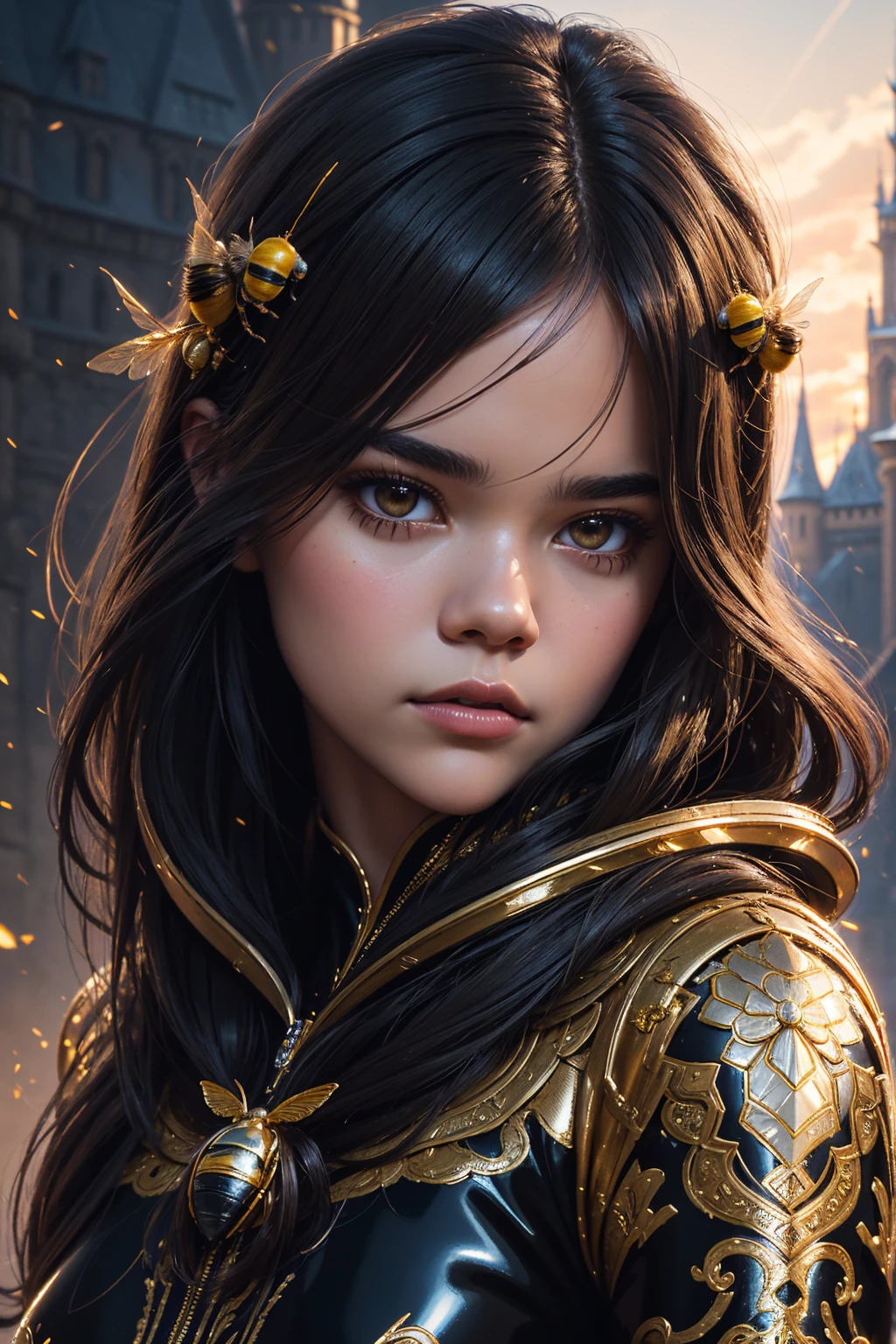 36k, portrait Maia Mitchell, wearing bee latex metalic costume, against the background of Disney Castle, character portrait, 8 9 9 0 s, long hair, intricate, elegant, highly detailed, digital painting, artstation, concept art, smooth, sharp focus, illustration, art by wlop, charlie bowater and alexandra fomina