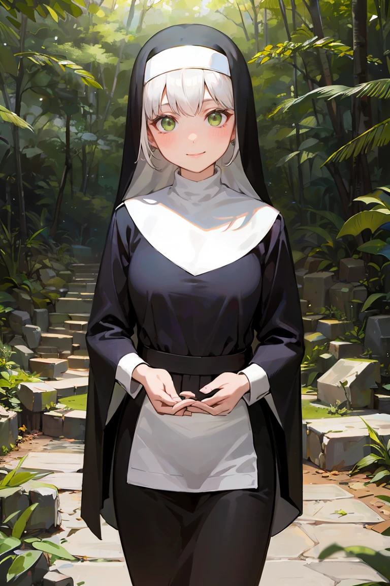 masterpiece, best quality, highly detailed background, perfect lighting, best quality, (extremely detailed face), volumetric lighting, intricate details, shadow, tonemapping, sharp focus, hyper detailed, trending on Artstation, (solo), ((Looking at the viewer)), (White hair), ((thin)), ((green eyes)), ((nun)), ((dressed as a nun)), ((nun's long skirt)), ((delicate)), ((thin and fine figure)), ((elegant)), ((smile)), (blush) ((in the forest)) ((Backwards))
