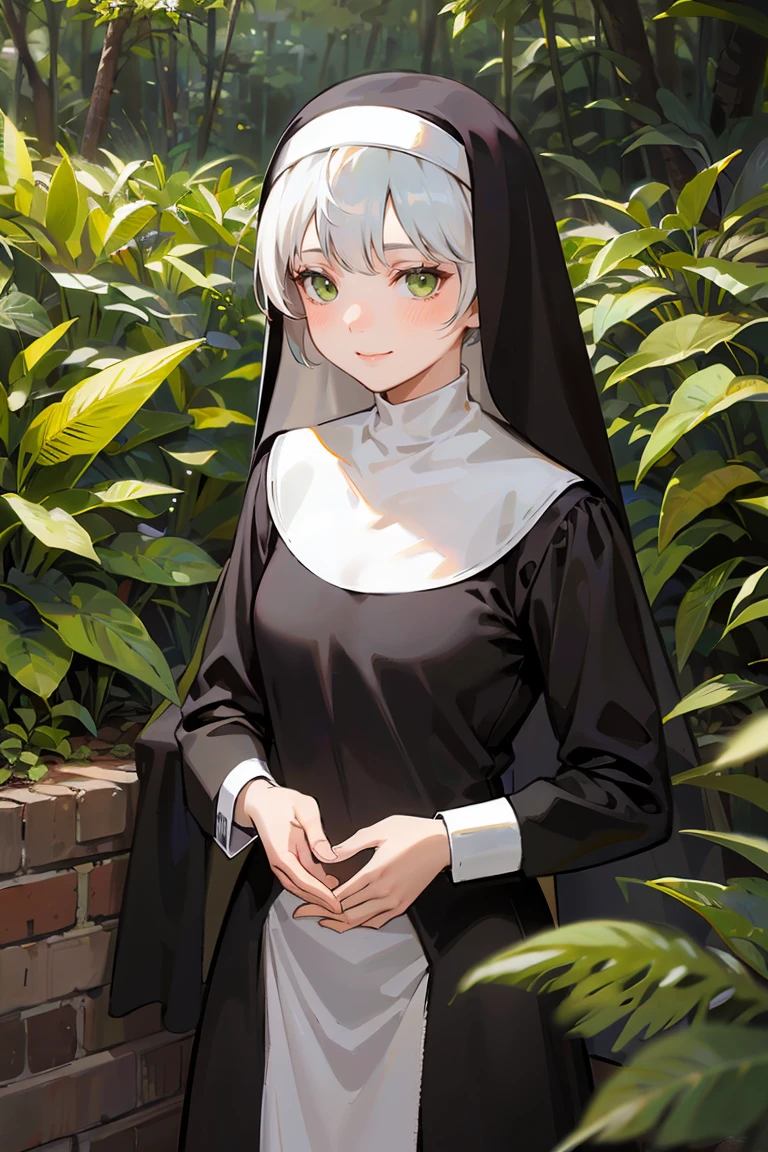 masterpiece, best quality, highly detailed background, perfect lighting, best quality, (extremely detailed face), volumetric lighting, intricate details, shadow, tonemapping, sharp focus, hyper detailed, trending on Artstation, (solo), ((Looking at the viewer)), (White hair), ((thin)), ((green eyes)), ((nun)), ((dressed as a nun)), ((nun's long skirt)), ((delicate)), ((thin and fine figure)), ((elegant)), ((smile)), (blush) ((in the forest)) ((Backwards))