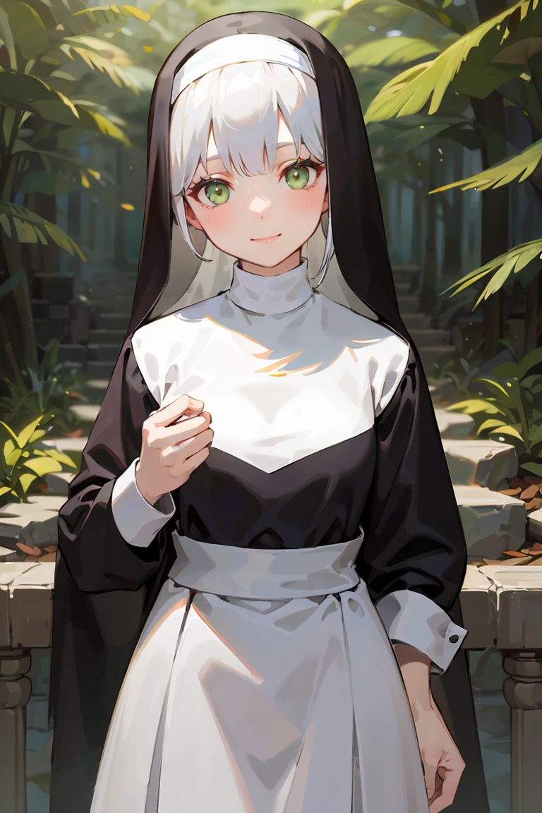 masterpiece, best quality, highly detailed background, perfect lighting, best quality, (extremely detailed face), volumetric lighting, intricate details, shadow, tonemapping, sharp focus, hyper detailed, trending on Artstation, (solo), ((Looking at the viewer)), (White hair), ((thin)), ((green eyes)), ((nun)), ((dressed as a nun)), ((nun's long skirt)), ((delicate)), ((thin and fine figure)), ((elegant)), ((smile)), (blush) ((in the forest)) ((Backwards))