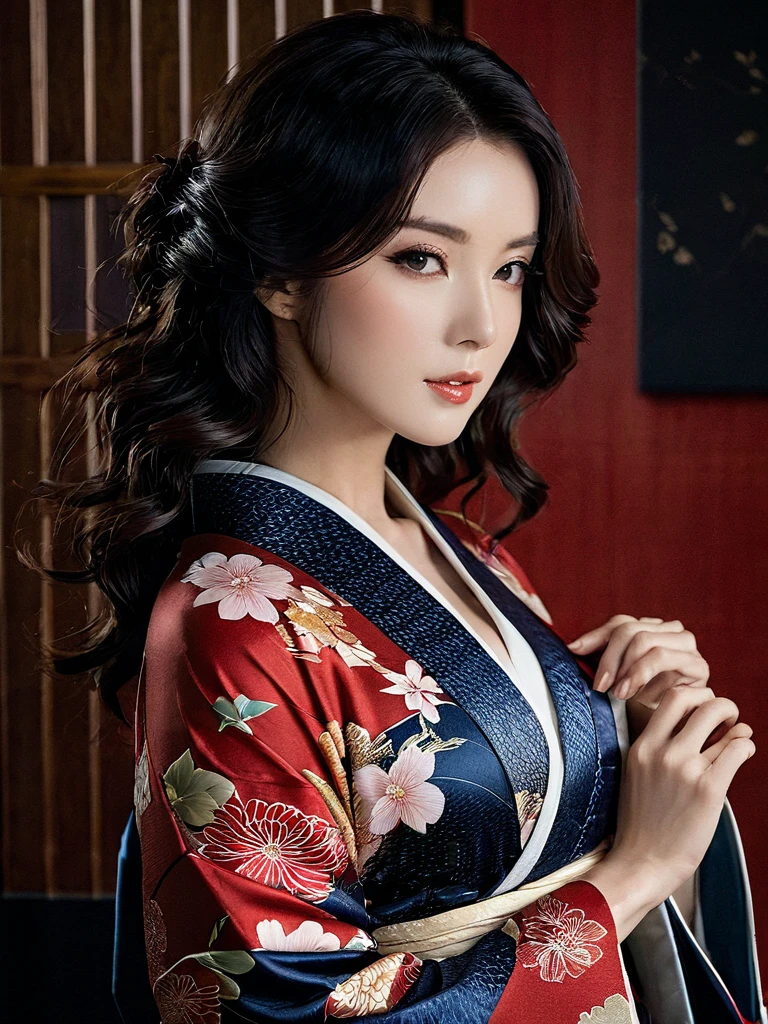 -(masterpiece, best quality:1.2), (gorgeous woman:1.3), (kimono:1.3), (slightly open chest:1.3), (seductive pose:1.2), (20s:1.1), (dark wavy hair:1.2), (deep eyes:1.1)
