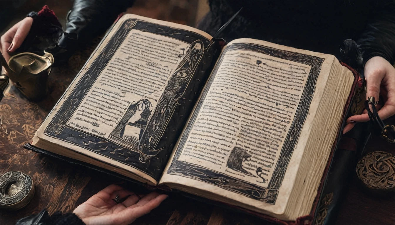 Emily reading an ancient, leather-bound diary with illustrations of dark rituals.