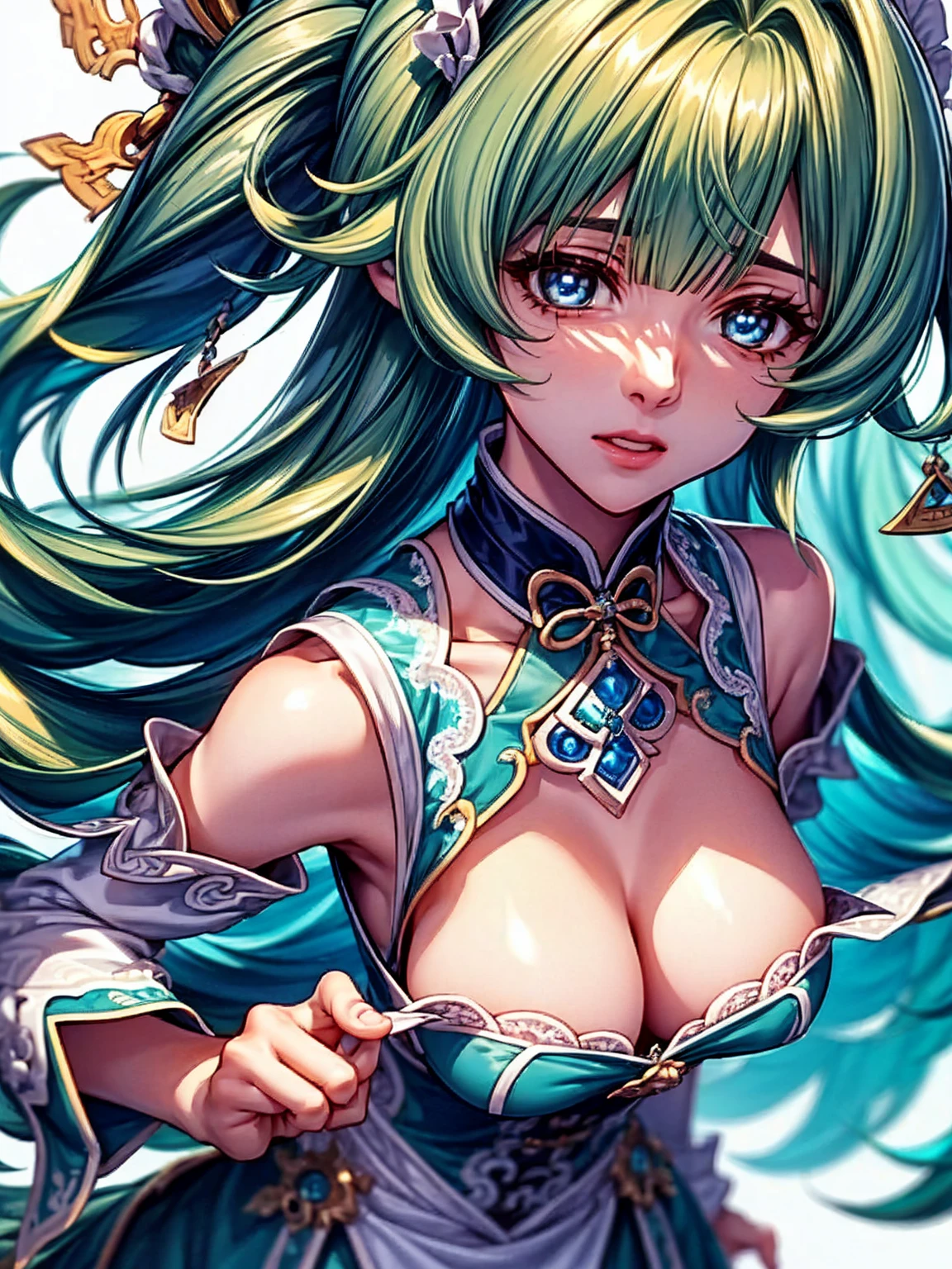top-quality、tmasterpiece、Very high resolution、super high image quality、High-quality pixels)、perfect eyes, perfect face, perfect body figure,solo,8K, sizable breast,(Detailed description of hair), (Detailed description of face),(Detailed description of body), fair and clear skin, matchless beauty, long legged, light green hair details expressed, The details have been upgraded, light blue eyes, chinese style maid costume, maid hair band, Huohuo (Honkai Star Rail), evening