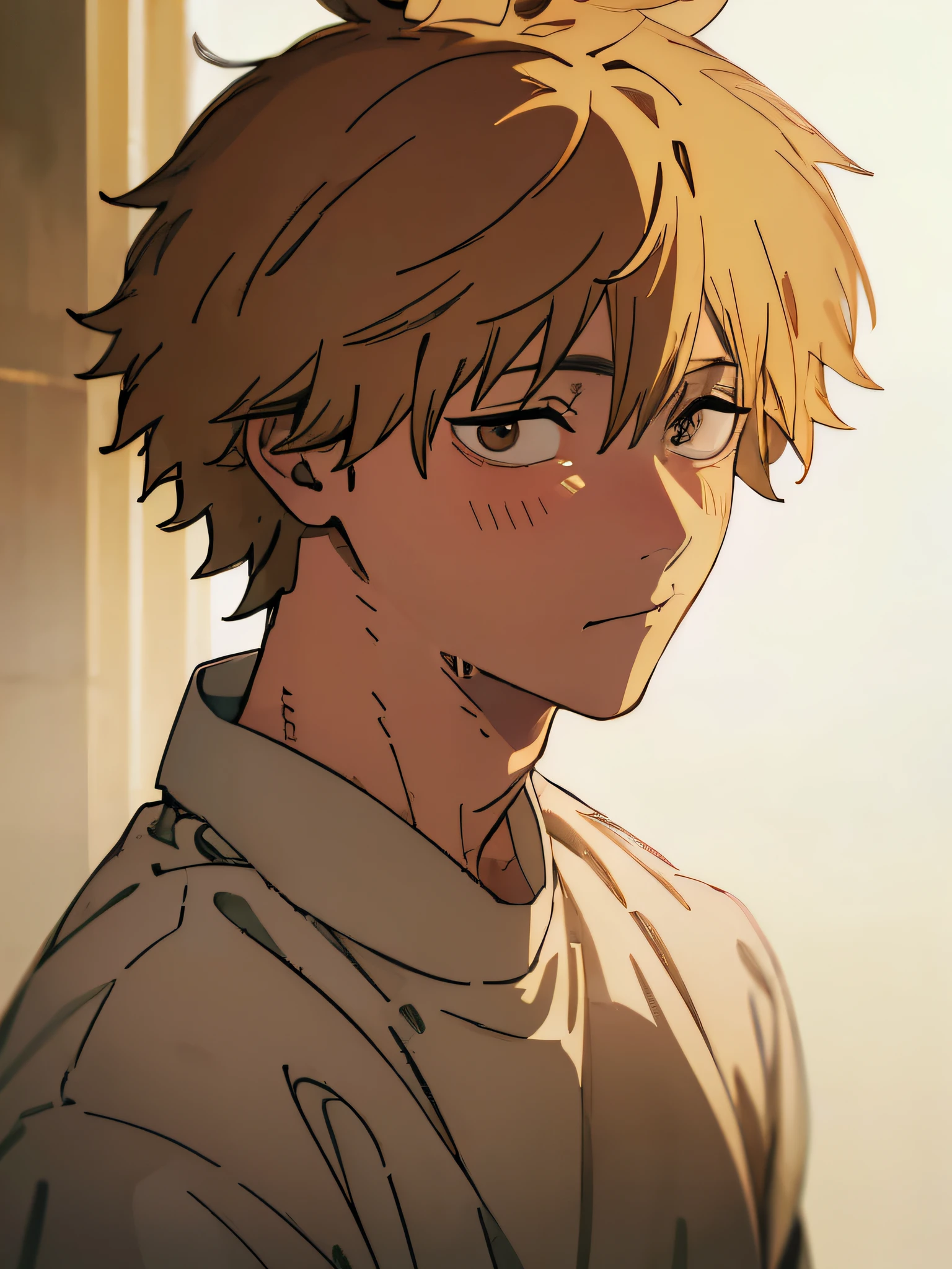 (masterpiece, best quality), 1 boy, blonde messy hair, light brown eyes.